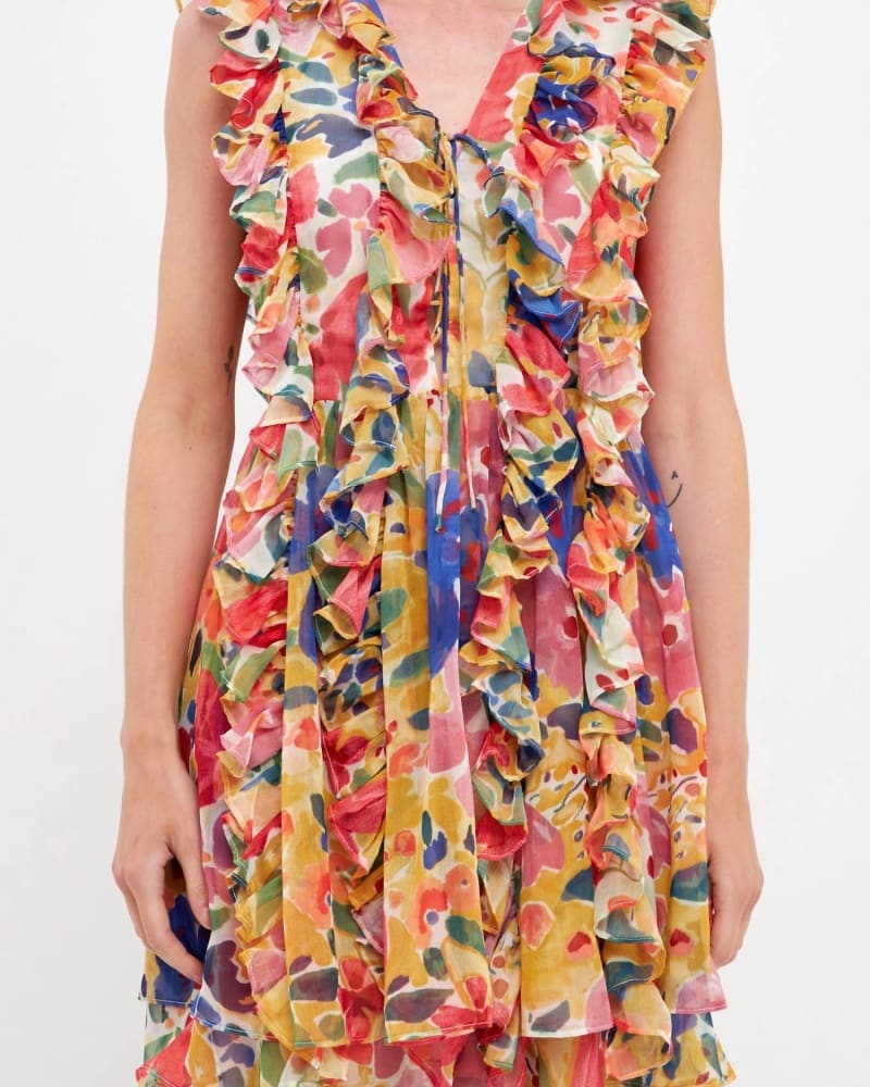 Front of a model wearing a size Large Work Of Art Mini Dress In Multi in Multi by 2.7 AUGUST APPAREL. | dia_product_style_image_id:342237